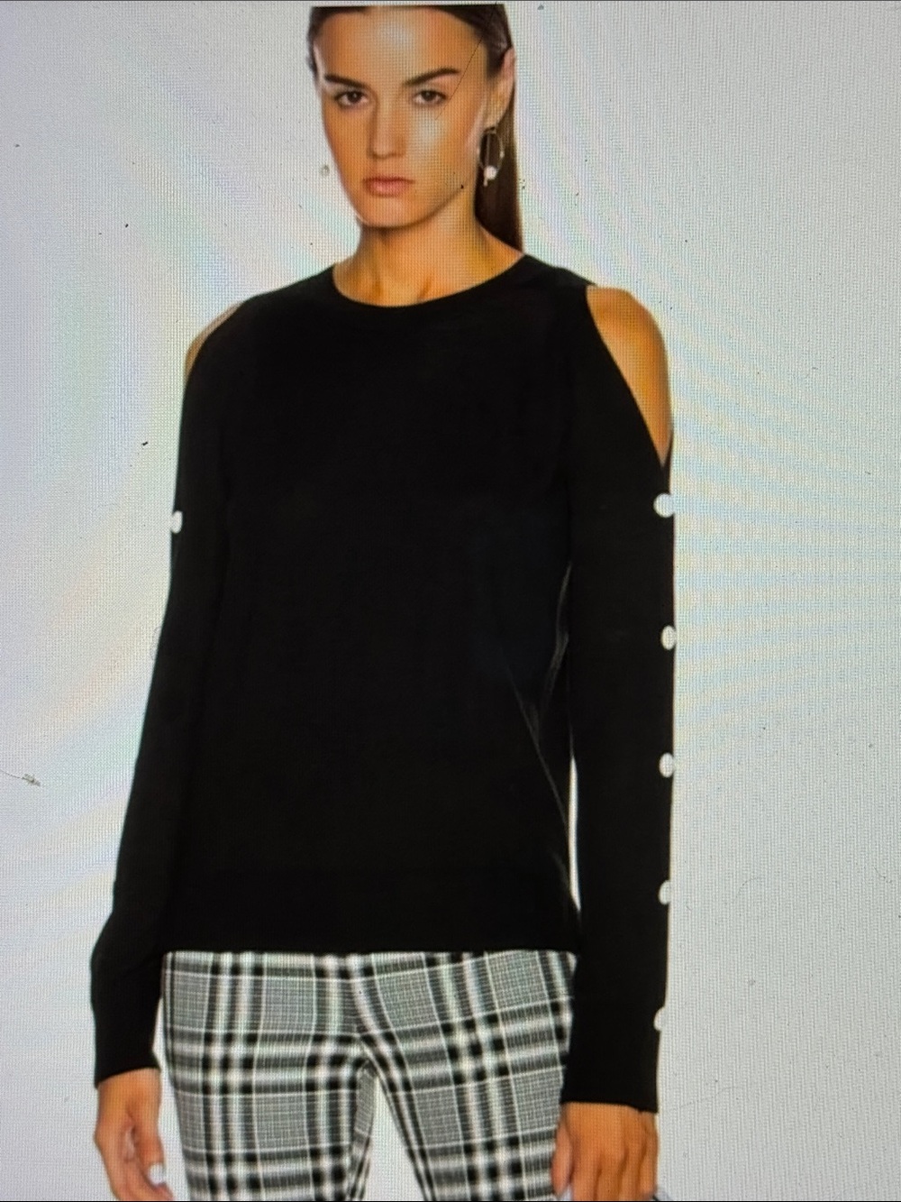 Black Cold-Shoulder Sweater with Button-Trim Sleeves